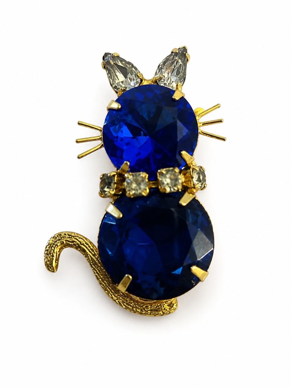 Vintage Signed DODDS Blue Rhinestone Cat Brooch Pin Wire Whiskers Mid Century
